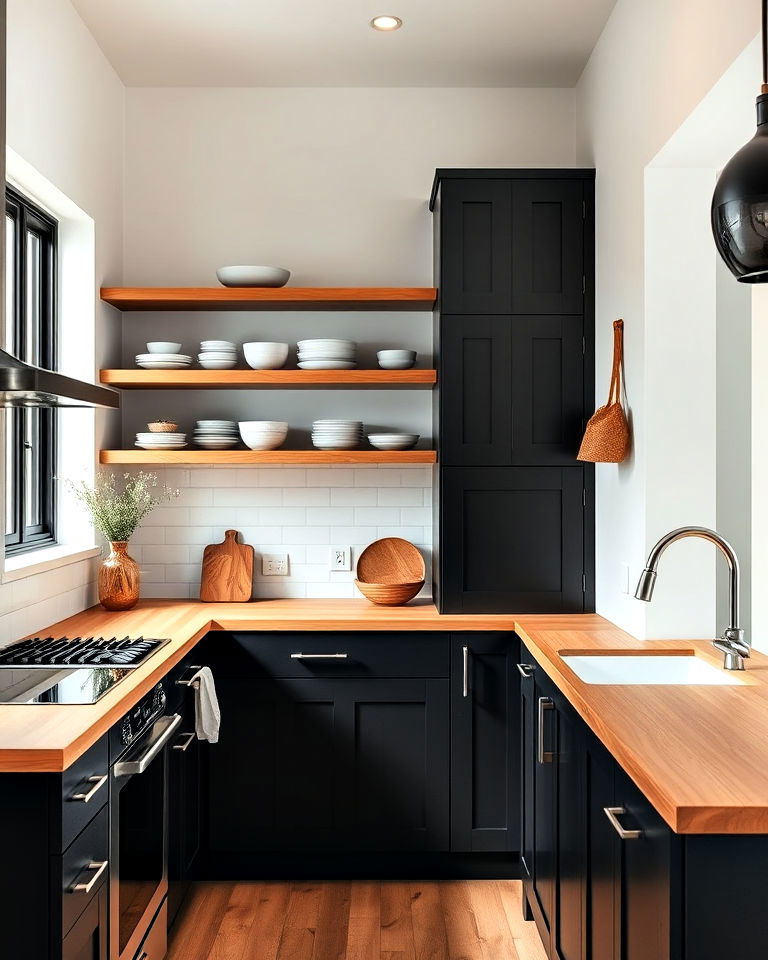 black cabinets with floating shelves and wood countertops - 25 Kitchen With Black Cabinets And Wood Countertops Ideas
