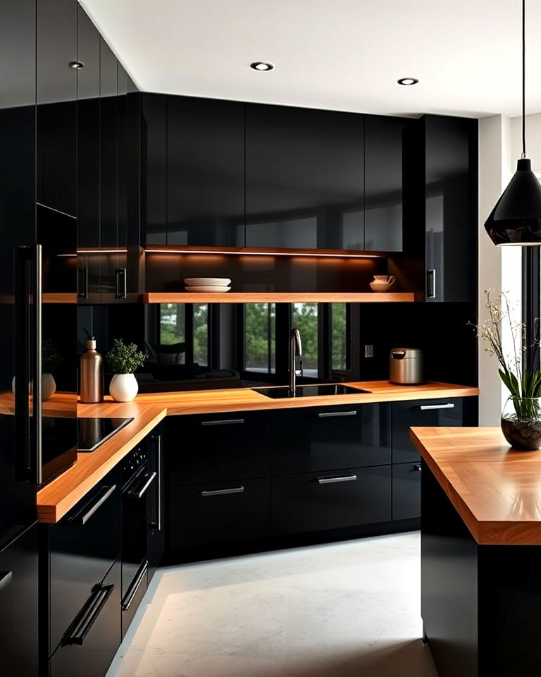 black cabinets with floating wooden countertops - 25 Kitchen With Black Cabinets And Wood Countertops Ideas