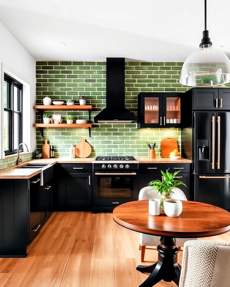 black cabinets with green painted brick wall - 30 Black and Green Kitchen Ideas