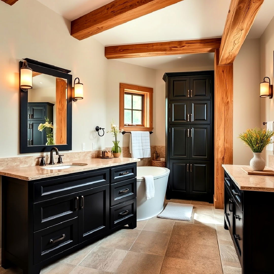 black cabinets with natural wood elements - 25 Bathroom With Black Cabinets Ideas