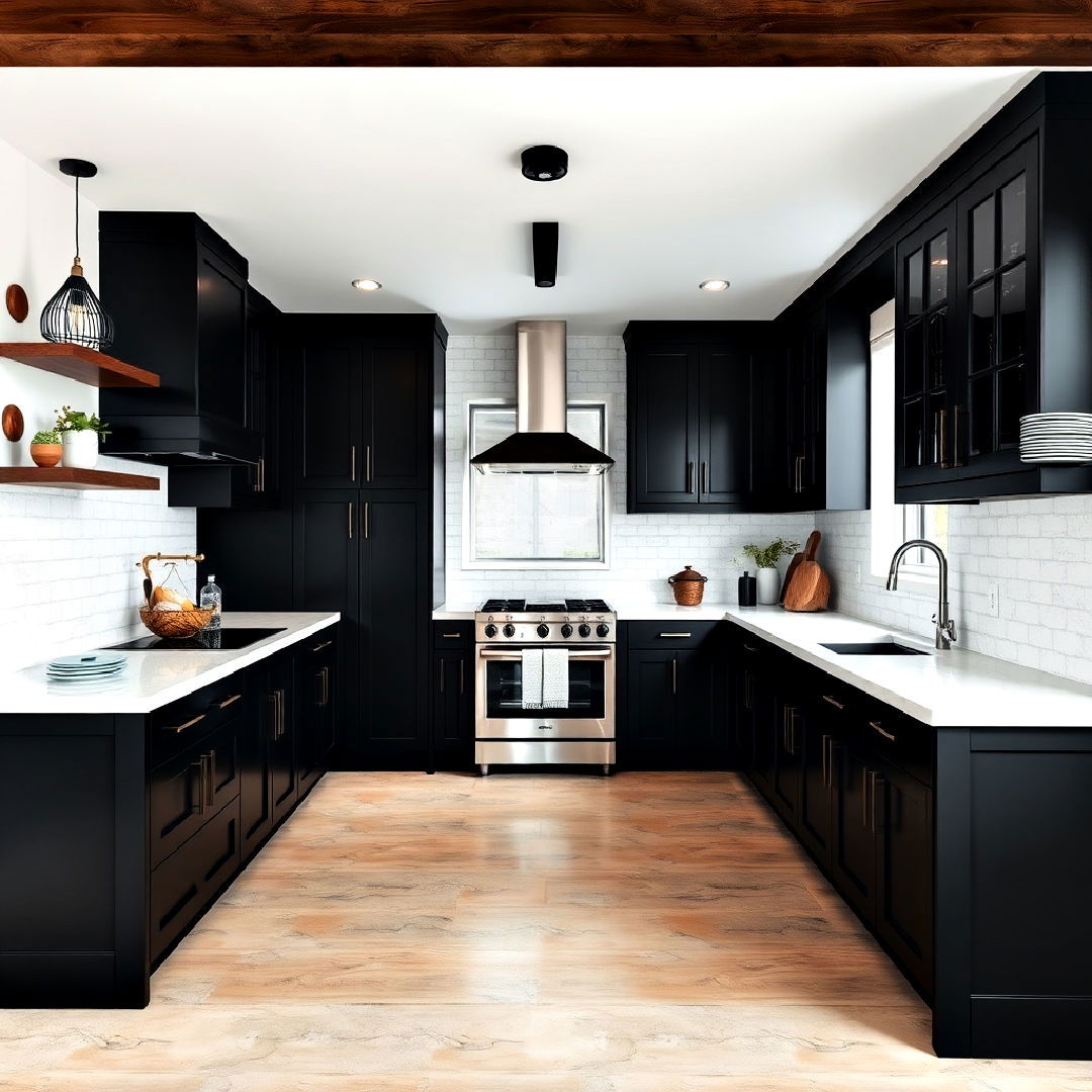 black cabinets with white concrete countertops - 40 Black and White Kitchen Ideas