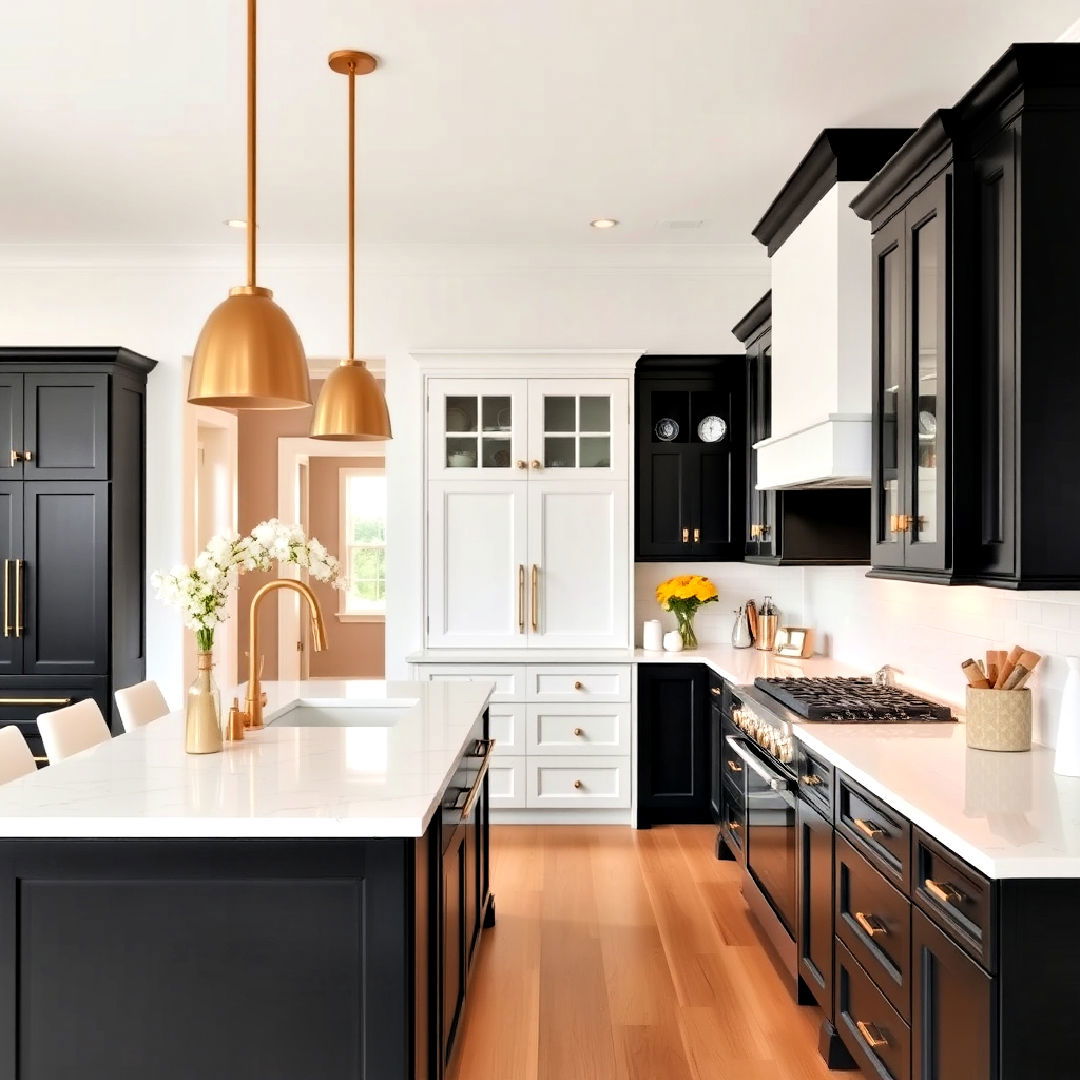 black cabinets with white countertops and gold fixtures - 25 Black White and Gold Kitchen Ideas