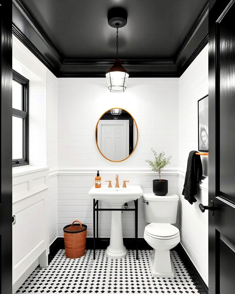 black ceiling and white walls - 25 Black Powder Room Ideas