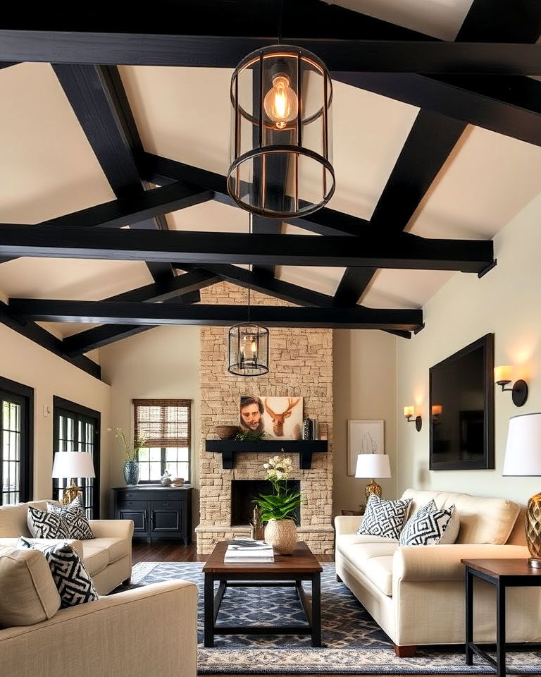 black ceiling beams with beige upholstery for living room - 30 Black and Beige Living Room Ideas