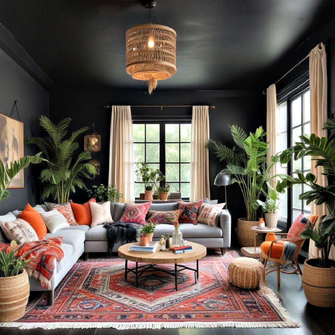 black ceiling paired with colorful accessories - 25 Black Ceiling Design Ideas