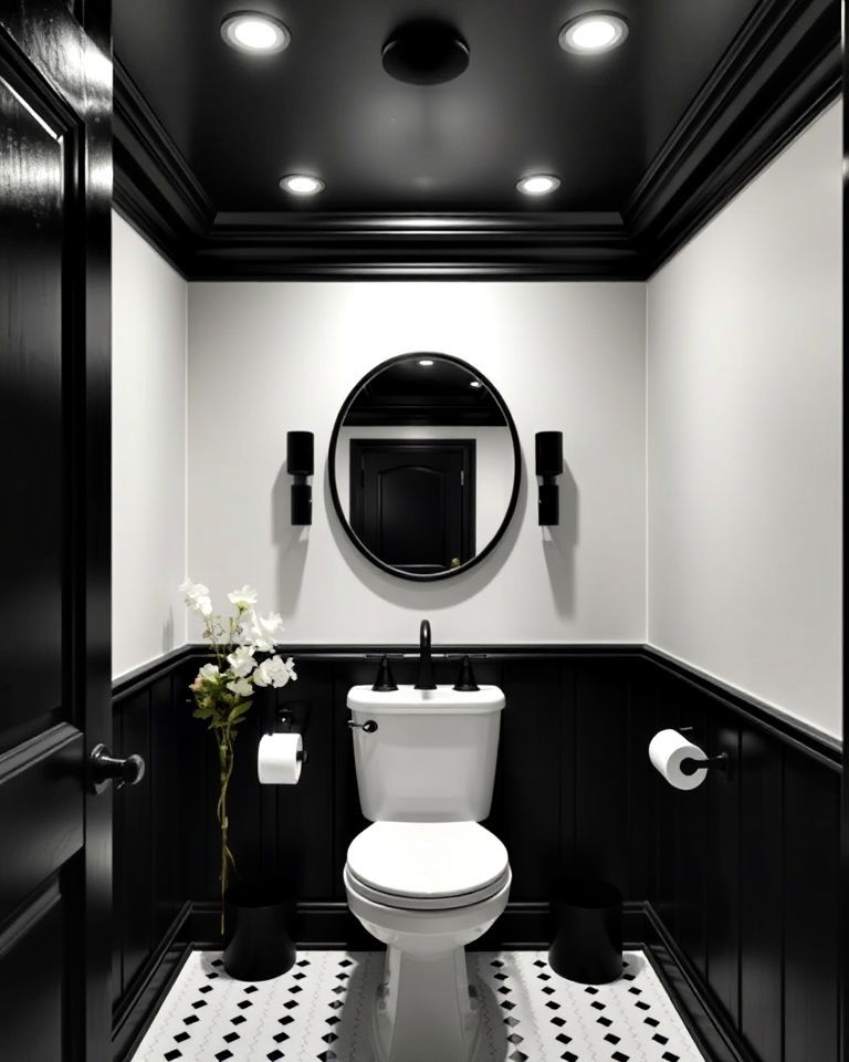 black ceiling with white walls for powder room - 20 Black and White Powder Room Ideas