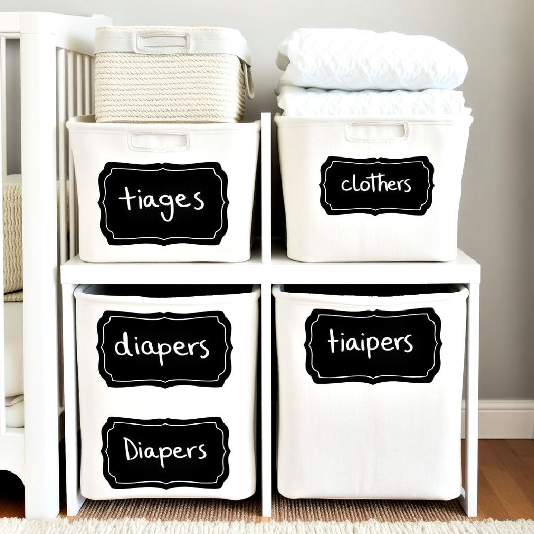 black chalkboard labels on storage bins - 25 Black and White Nursery Ideas