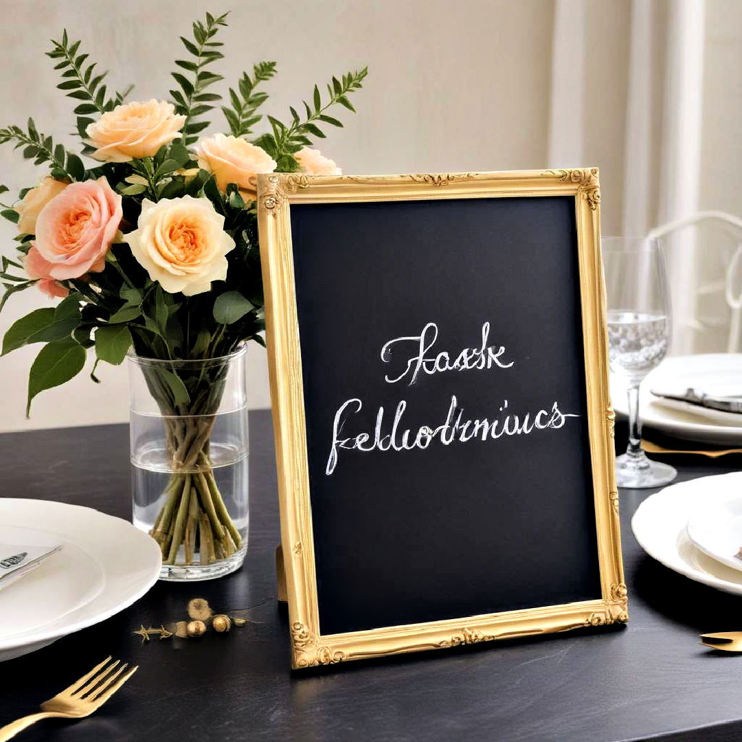 black chalkboard with gold trim - 20 Black and Gold Centerpiece Ideas