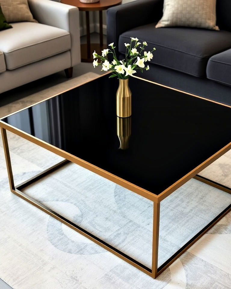 black coffee table with gold trim - 40 Black and Gold Living Room Ideas