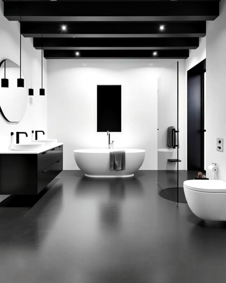 black concrete flooring with white walls - 20 Black Floor Bathroom With White Walls Ideas