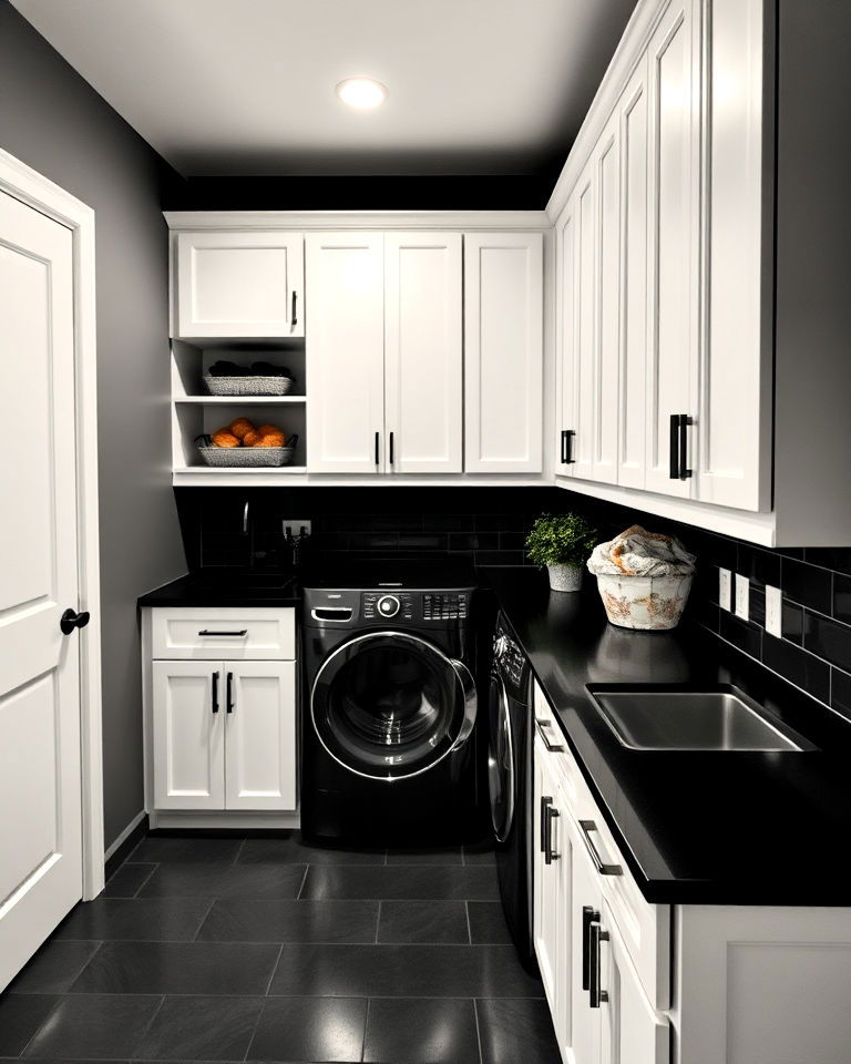 black countertop and white cabinet ideas - 15 Black and White Laundry Room Ideas