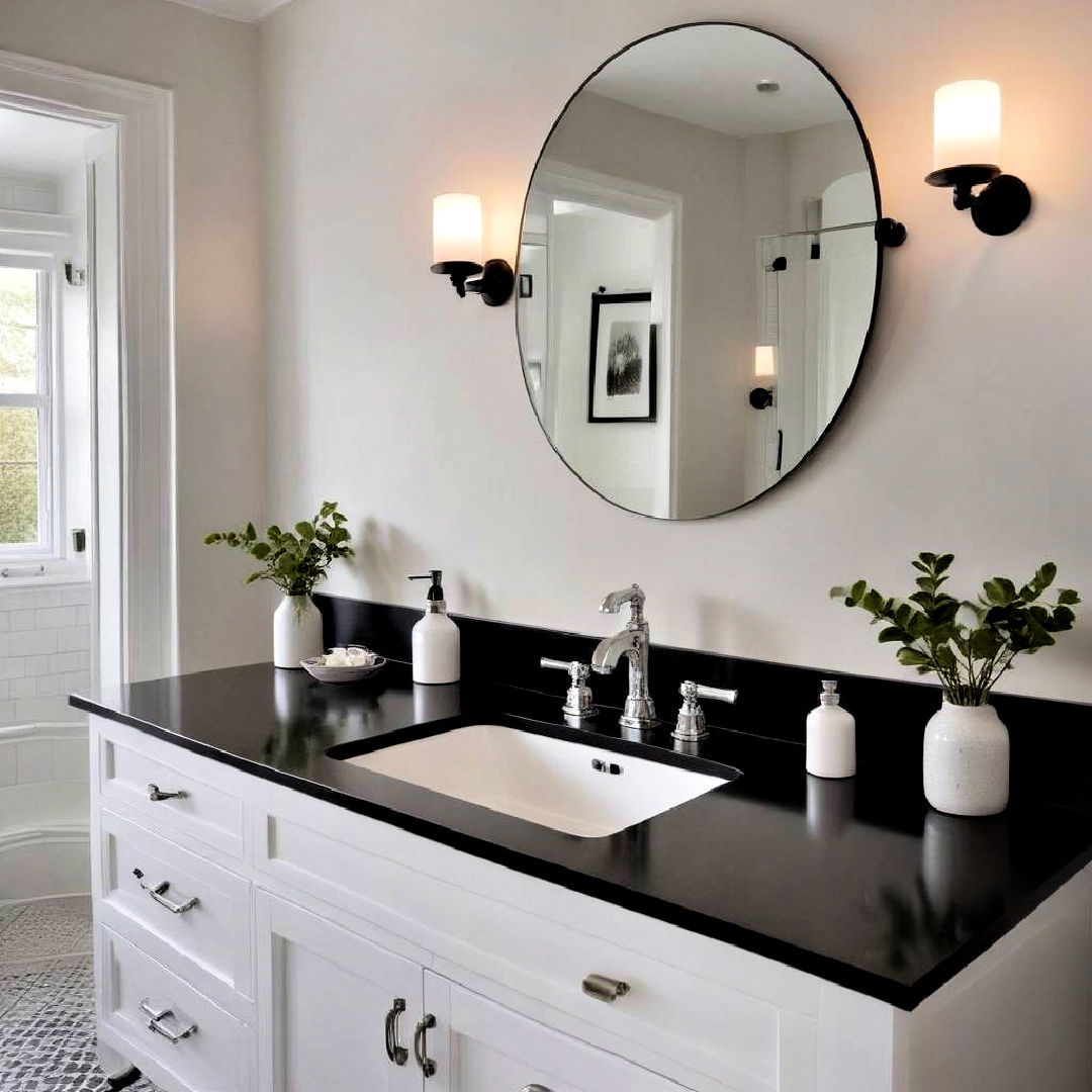 black countertop paired with white cabinets - 40 Black and White Bathroom Ideas