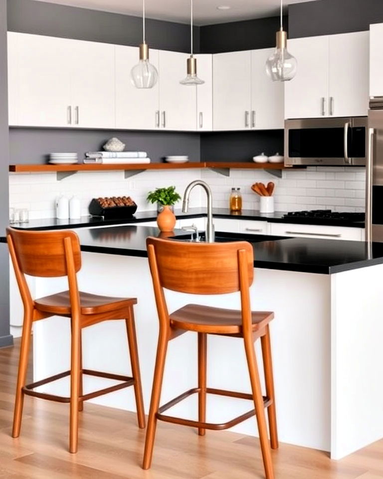 black countertops and brown bar stools - 20 Black and Brown Kitchen Ideas