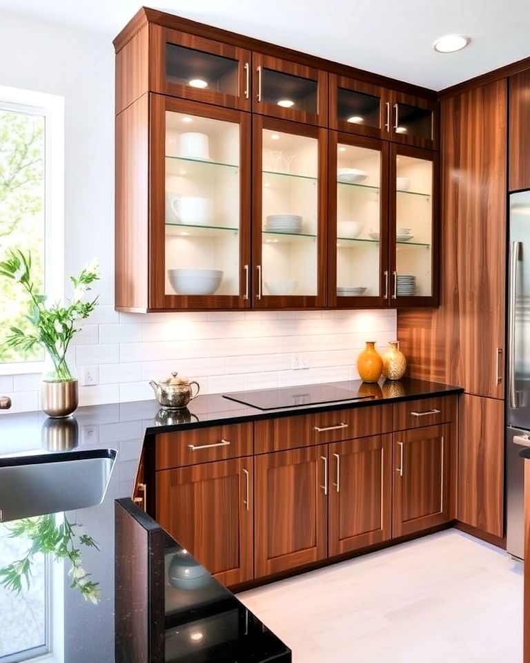black countertops and glass accents with brown cabinets - 20 Kitchen with Brown Cabinets and Black Countertops Ideas