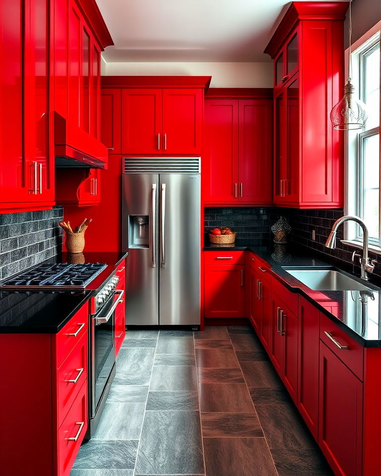 black countertops and red kitchen cabinets - 25 Red and Black Kitchen Ideas