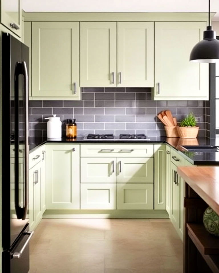 black countertops and sage green cabinets - 20 Green Kitchen Cabinets With Black Countertops