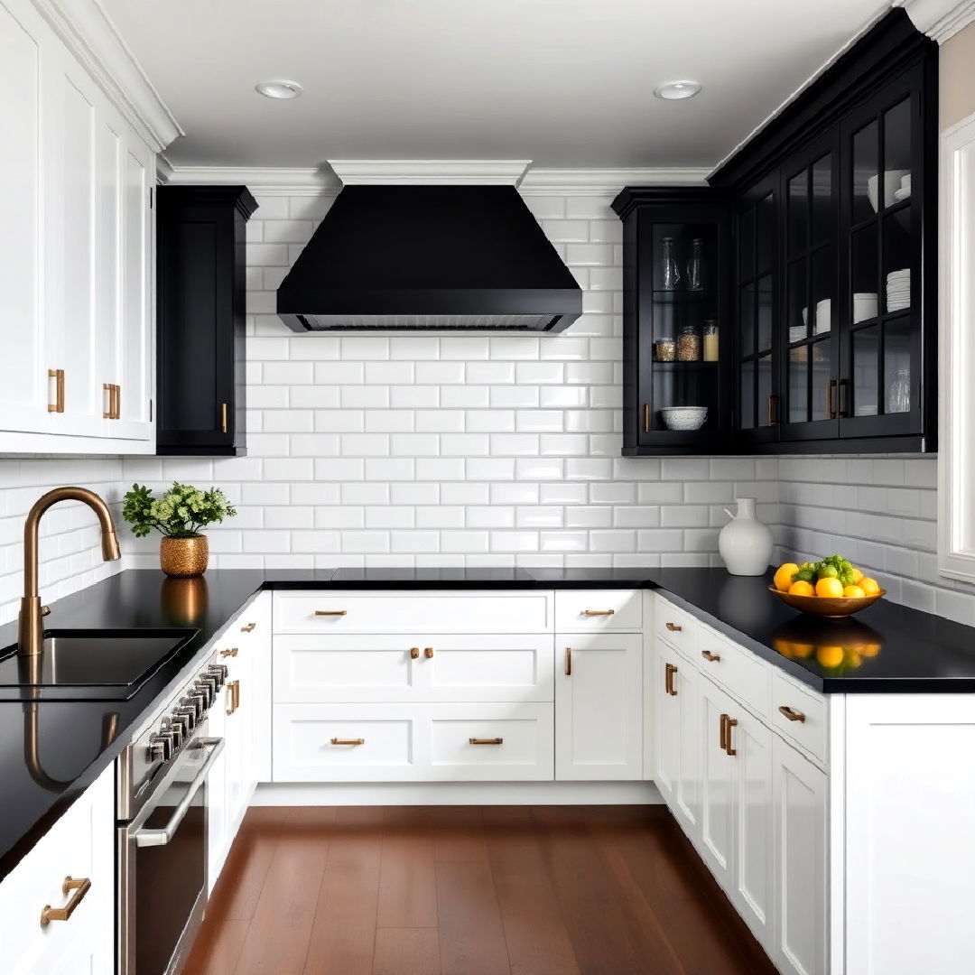black countertops and white subway tile backsplash - 40 Black and White Kitchen Ideas