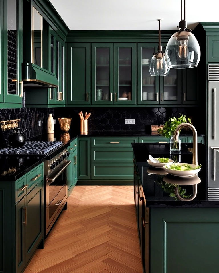black countertops with dark green kitchen cabinets - 30 Black and Green Kitchen Ideas