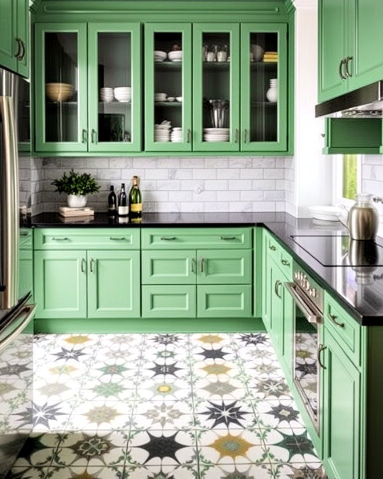 black countertops with playful floor patterns and green cabinets - 20 Green Kitchen Cabinets With Black Countertops