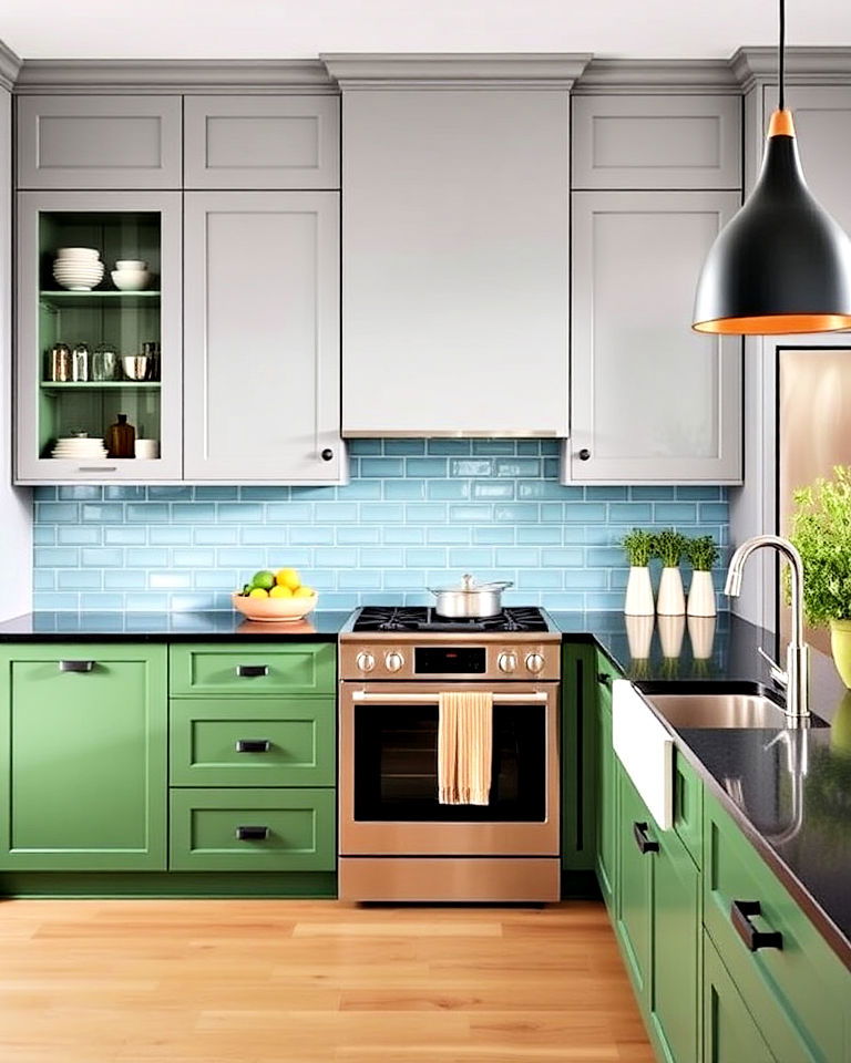 black countertops with two tone cabinets - 20 Green Kitchen Cabinets With Black Countertops