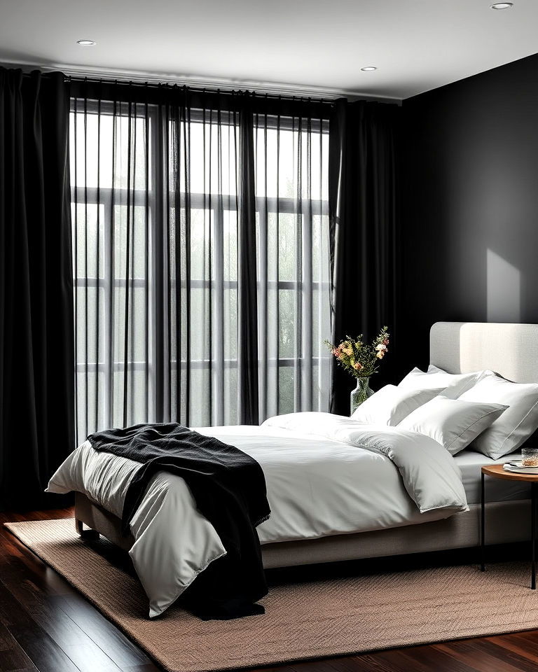 black curtains to add dramatic touch - 20 Matte Black Bedroom Ideas