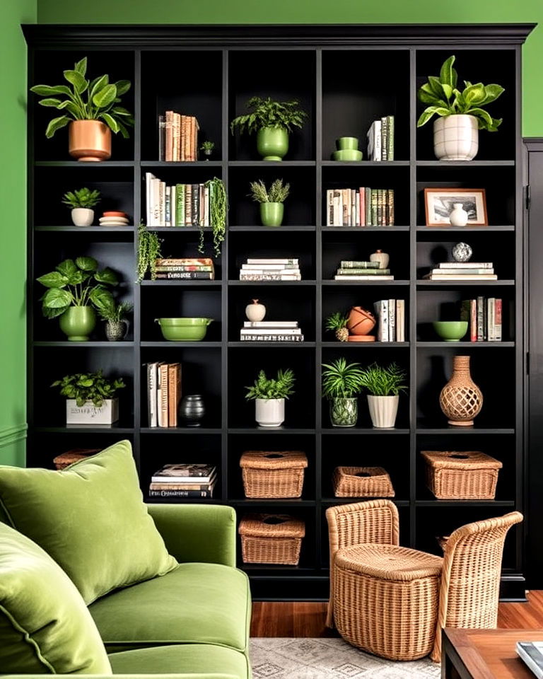 black decorative shelving with green details - 30 Black and Green Living Room Ideas