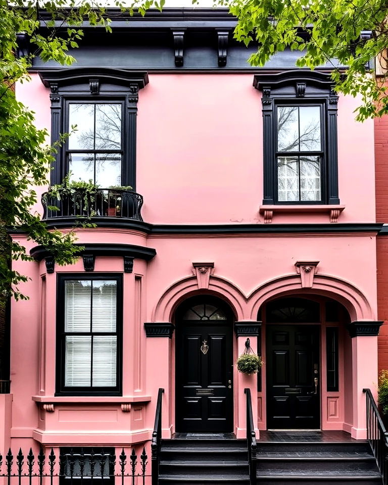 black detailing on dusty rose victorian home - 25 Pink Victorian House Ideas