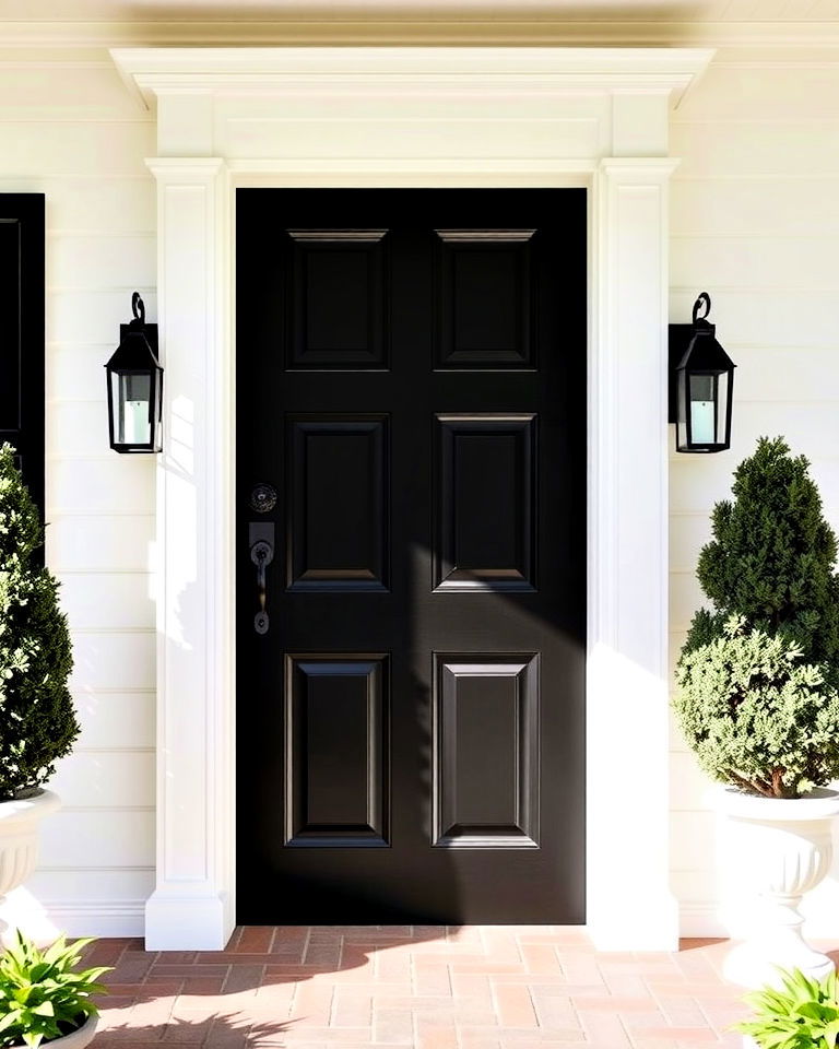 black door framed with white trim - 25 Cottage Front Door Ideas