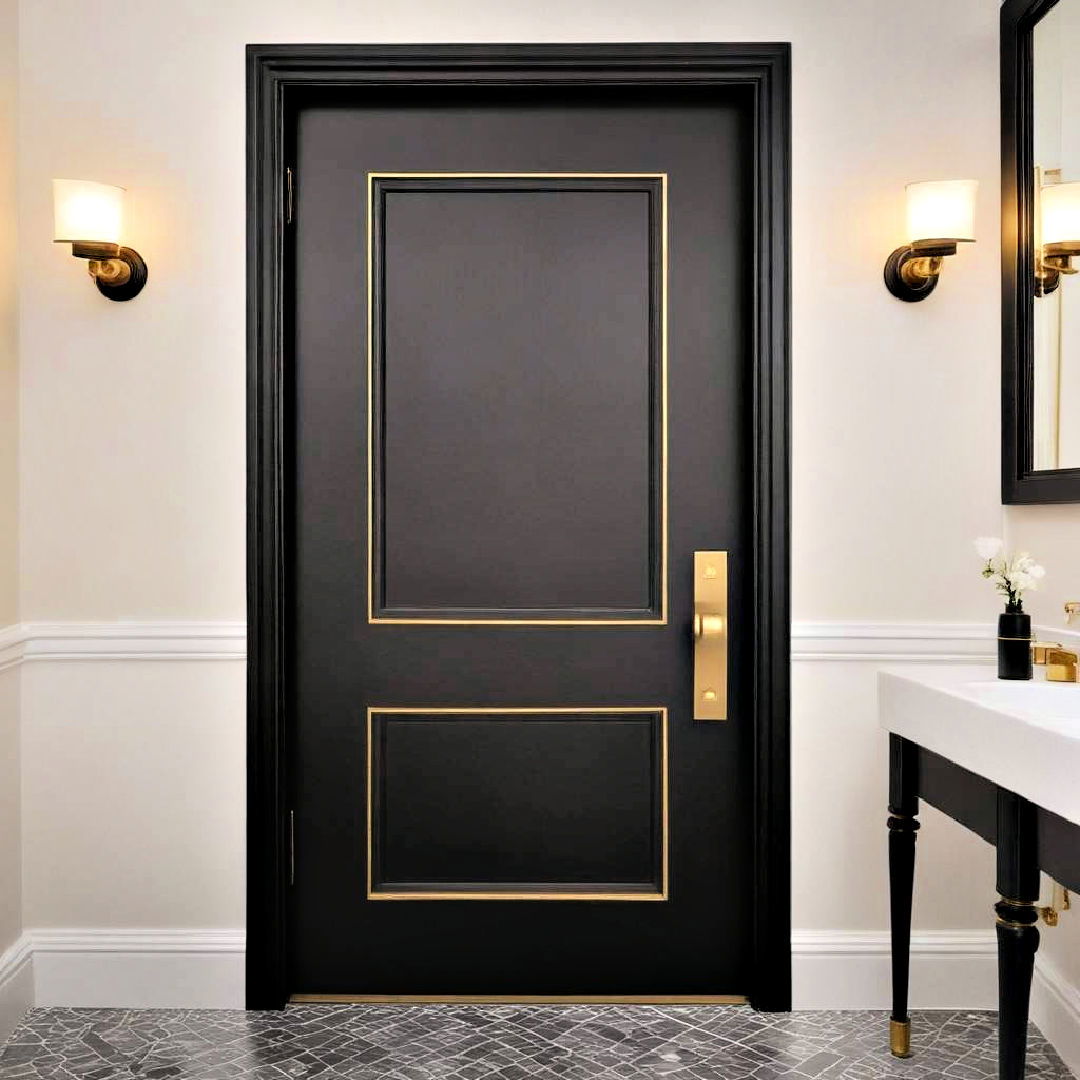 black door with gold trim - 20 Black and Gold Bathroom Ideas