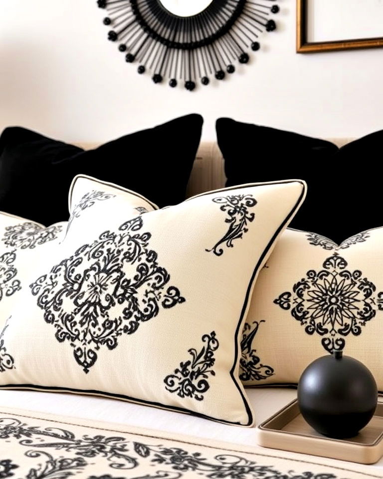 black embroidery on cream cushions - 35 Cream and Black Bedroom Ideas