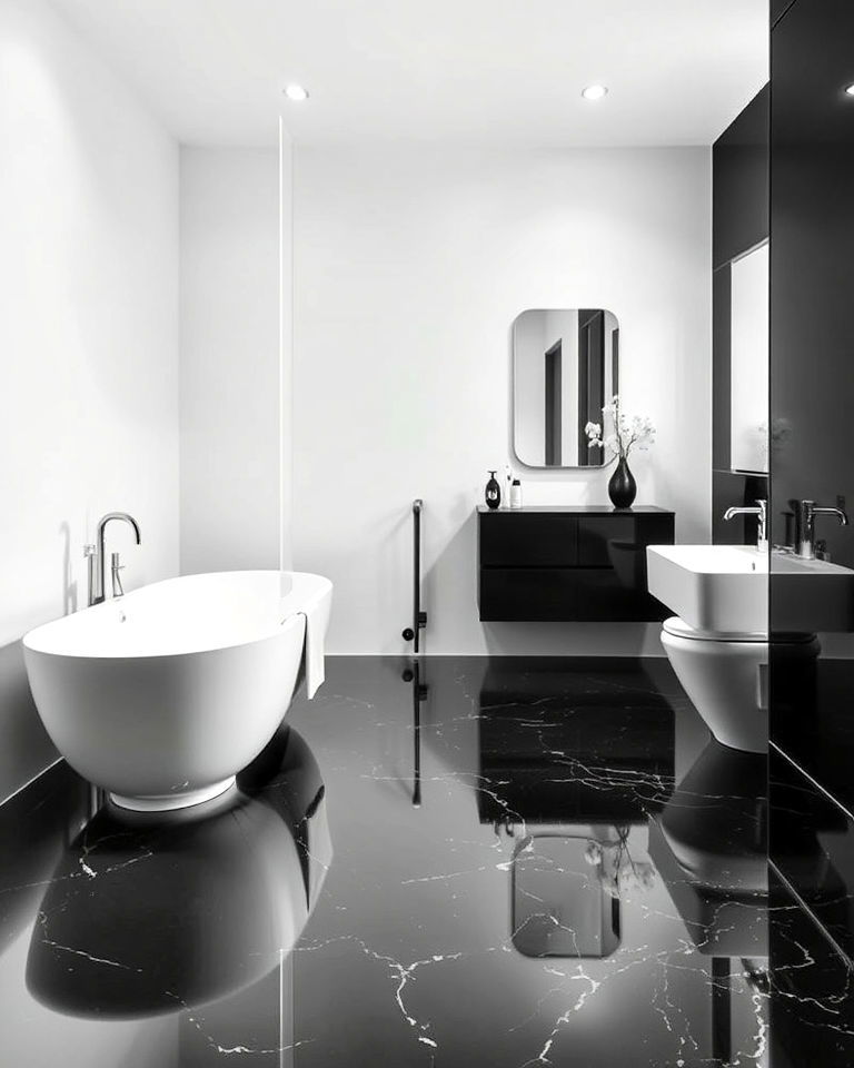 black epoxy flooring for ultra modern look - 20 Black Floor Bathroom With White Walls Ideas