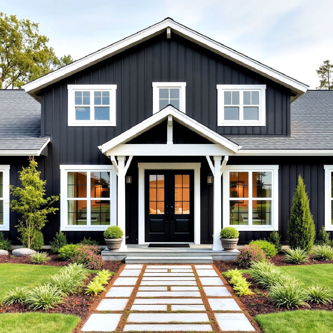 black exterior and white window frames - 40 Black Modern Farmhouse Exterior Design Ideas