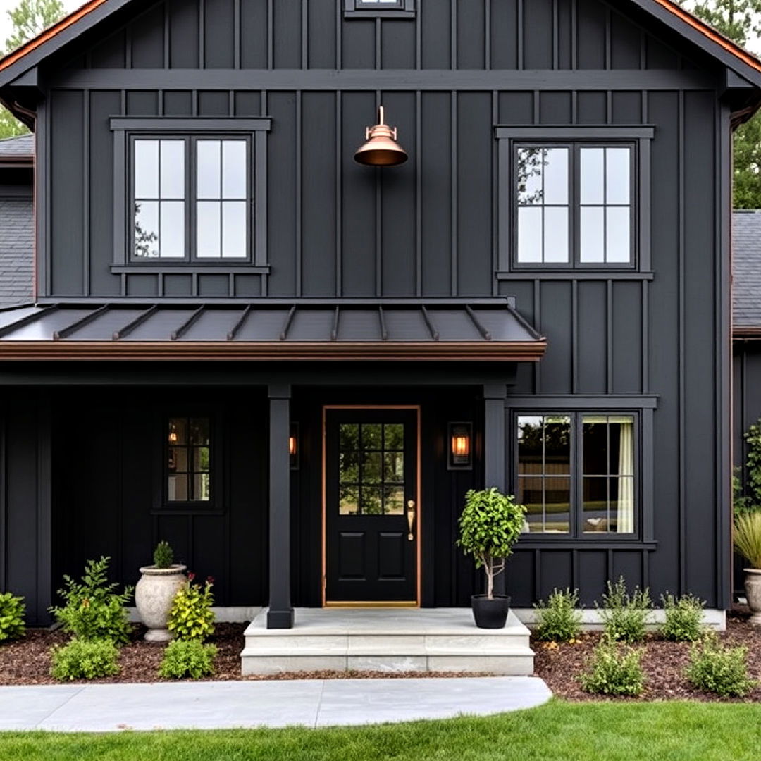 black exterior with copper accents to add luxe touch - 40 Black Modern Farmhouse Exterior Design Ideas