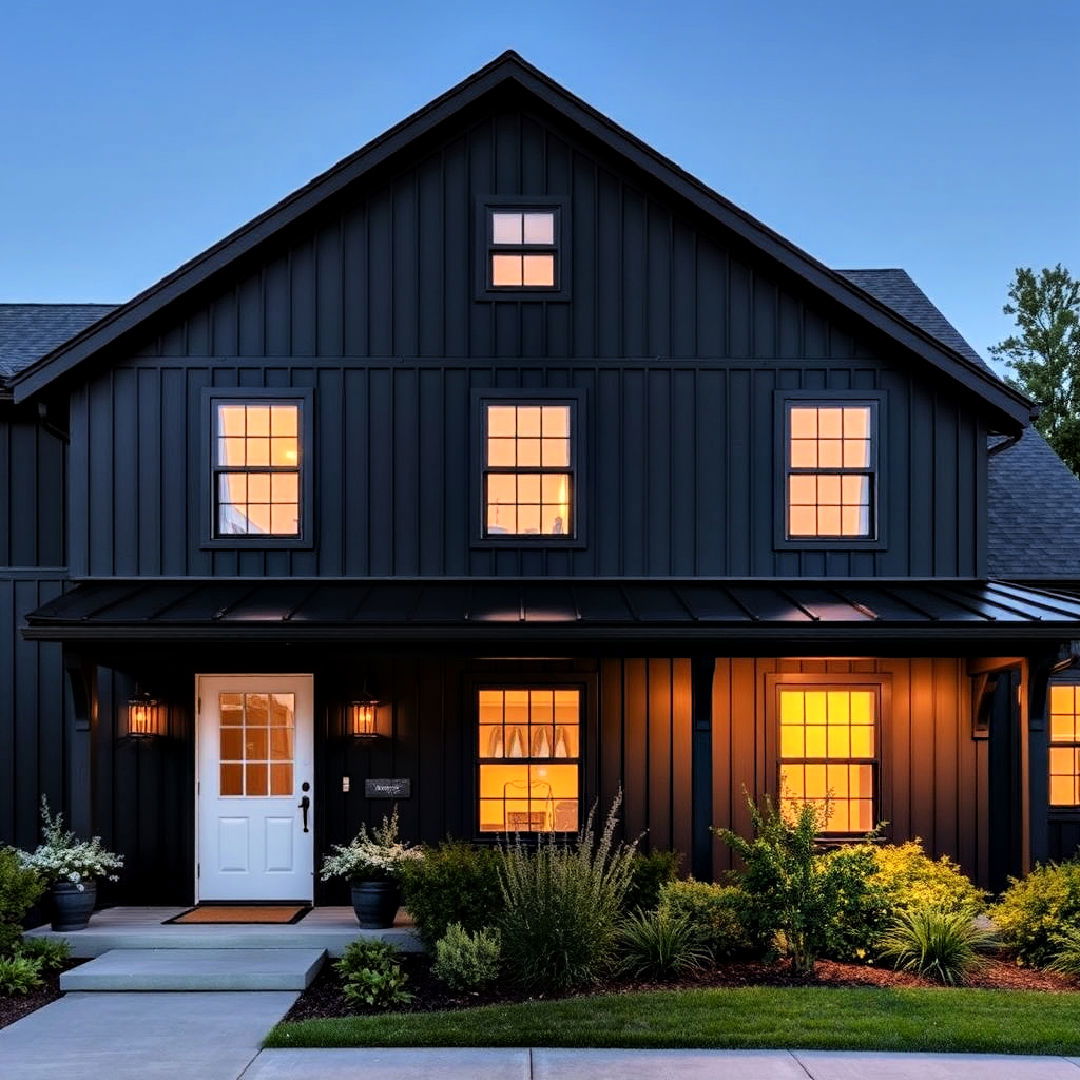 black exterior with farmhouse lighting - 40 Black Modern Farmhouse Exterior Design Ideas