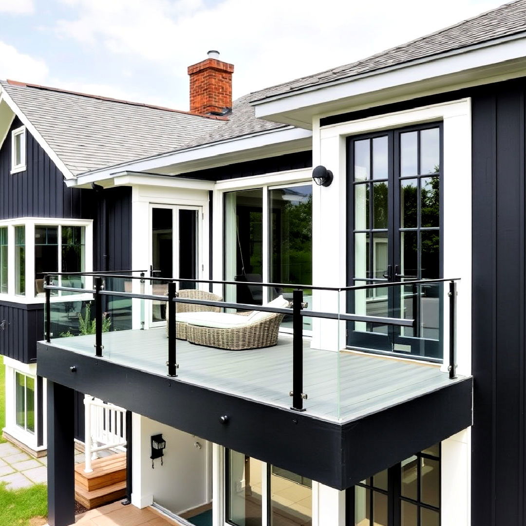 black exterior with glass sleek railings - 40 Black Modern Farmhouse Exterior Design Ideas