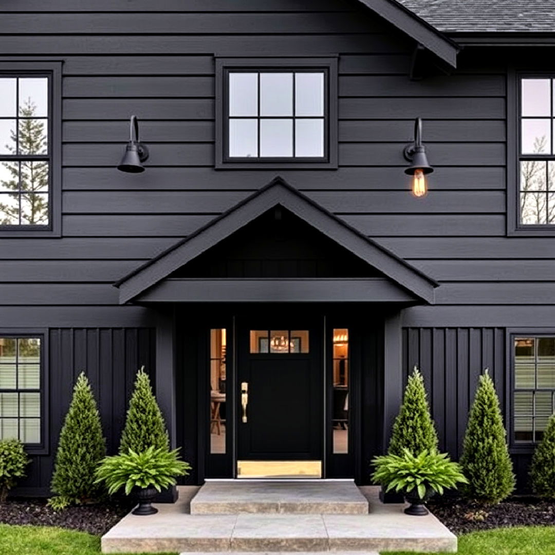 black exterior with industrial lighting fixtures - 40 Black Modern Farmhouse Exterior Design Ideas