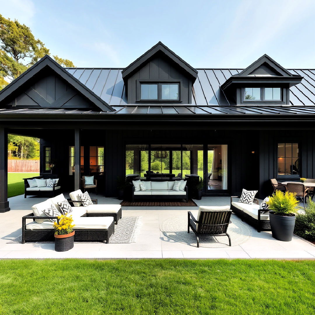 black exterior with large outdoor living space - 40 Black Modern Farmhouse Exterior Design Ideas