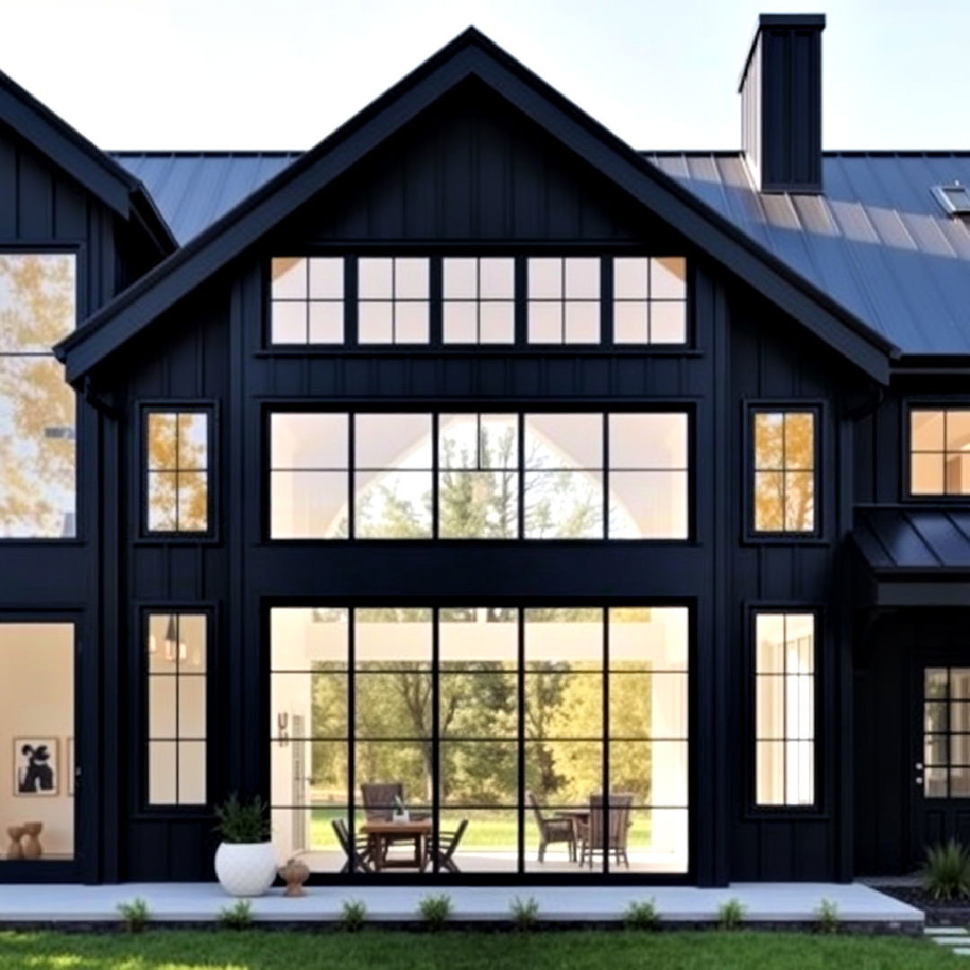 black exterior with large windows - 40 Black Modern Farmhouse Exterior Design Ideas