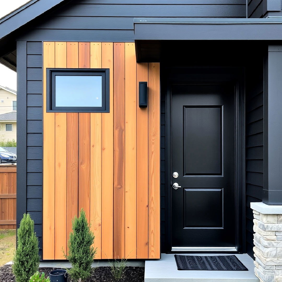 black exterior with vertical wooden slats - 40 Black Modern Farmhouse Exterior Design Ideas