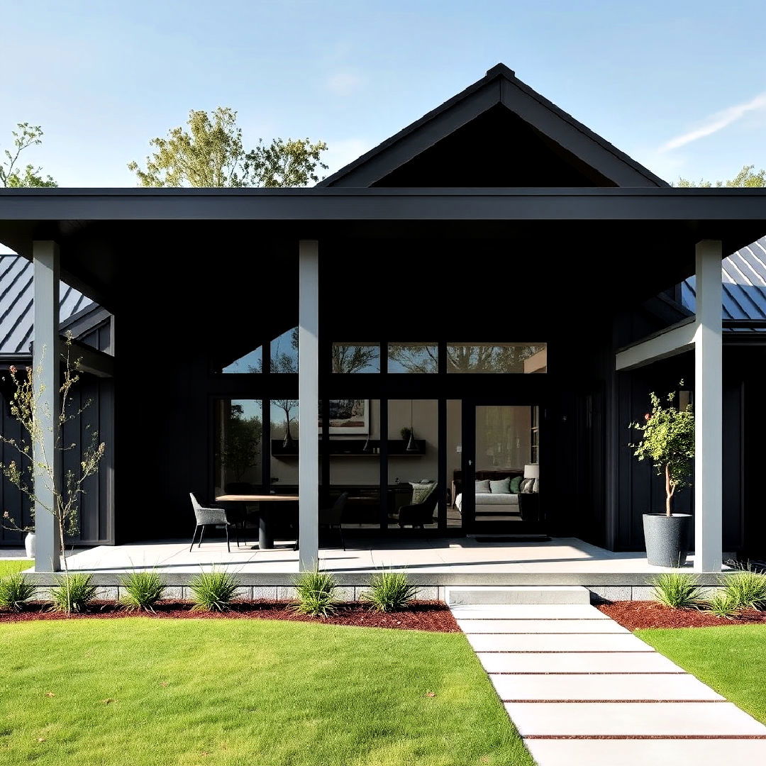 black farmhouse exterior with large overhang - 40 Black Modern Farmhouse Exterior Design Ideas