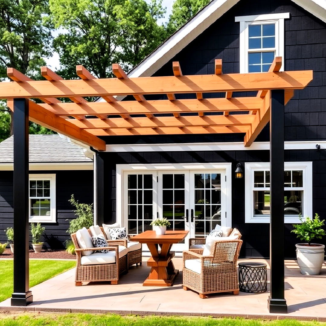 black farmhouse exterior with pergola - 40 Black Modern Farmhouse Exterior Design Ideas