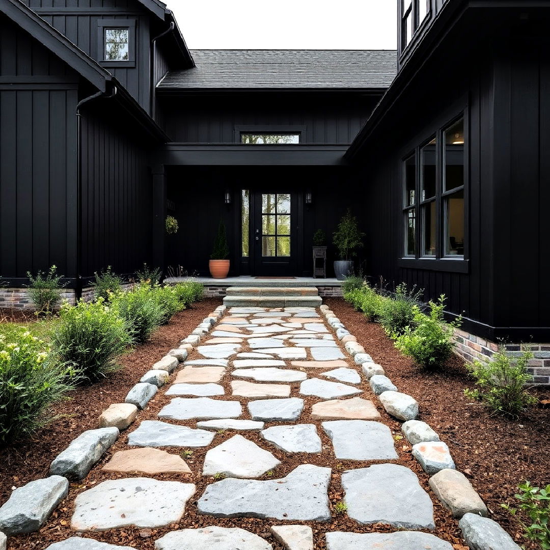 black farmhouse with rustic stone pathway - 40 Black Modern Farmhouse Exterior Design Ideas