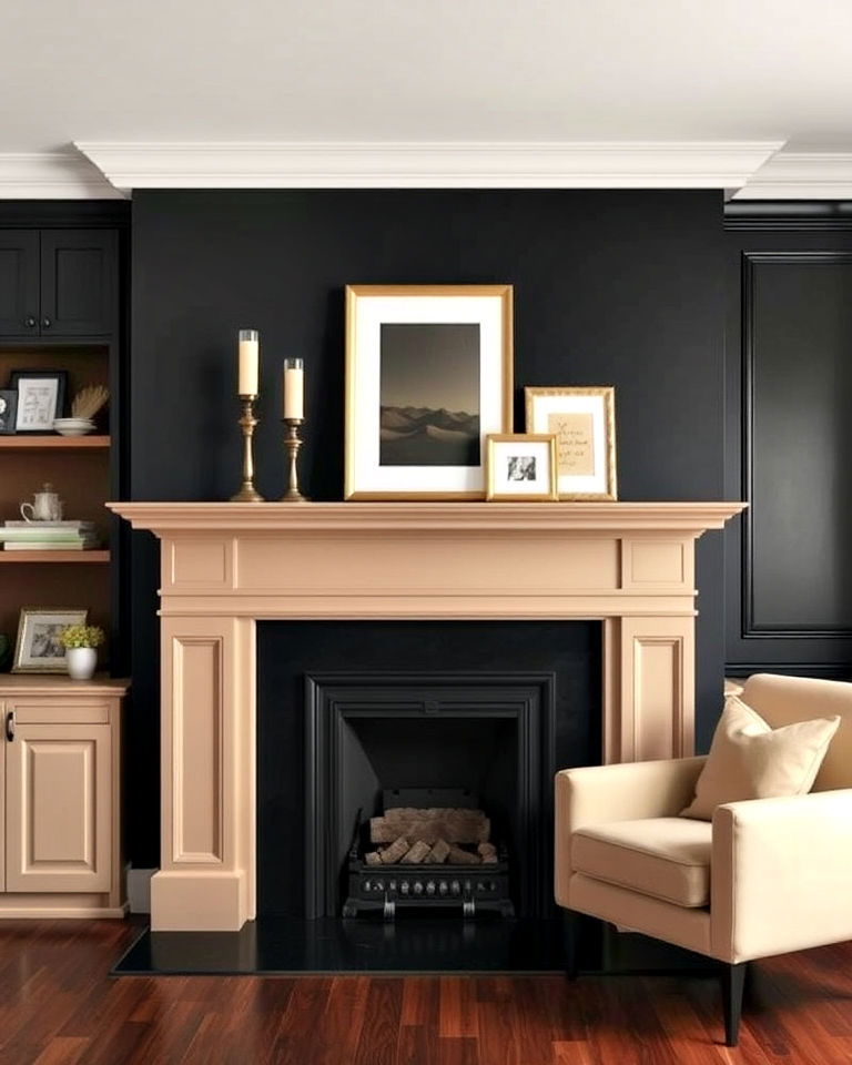 black fireplace with beige mantel design - 30 Black and Beige Living Room Ideas