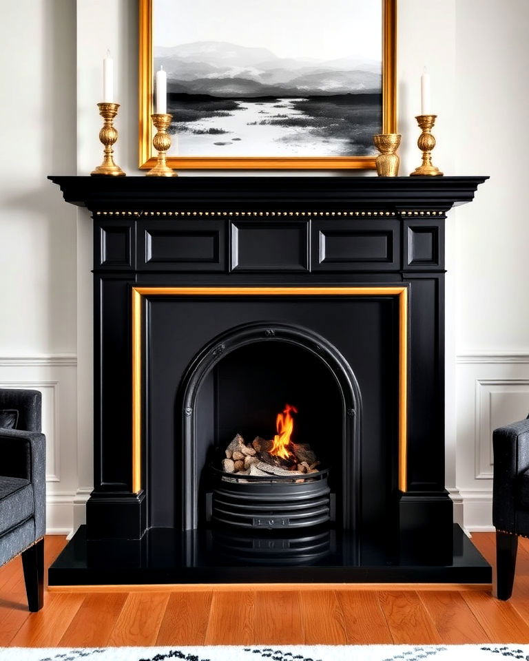 black fireplace with gold accents for living room - 40 Black and Gold Living Room Ideas