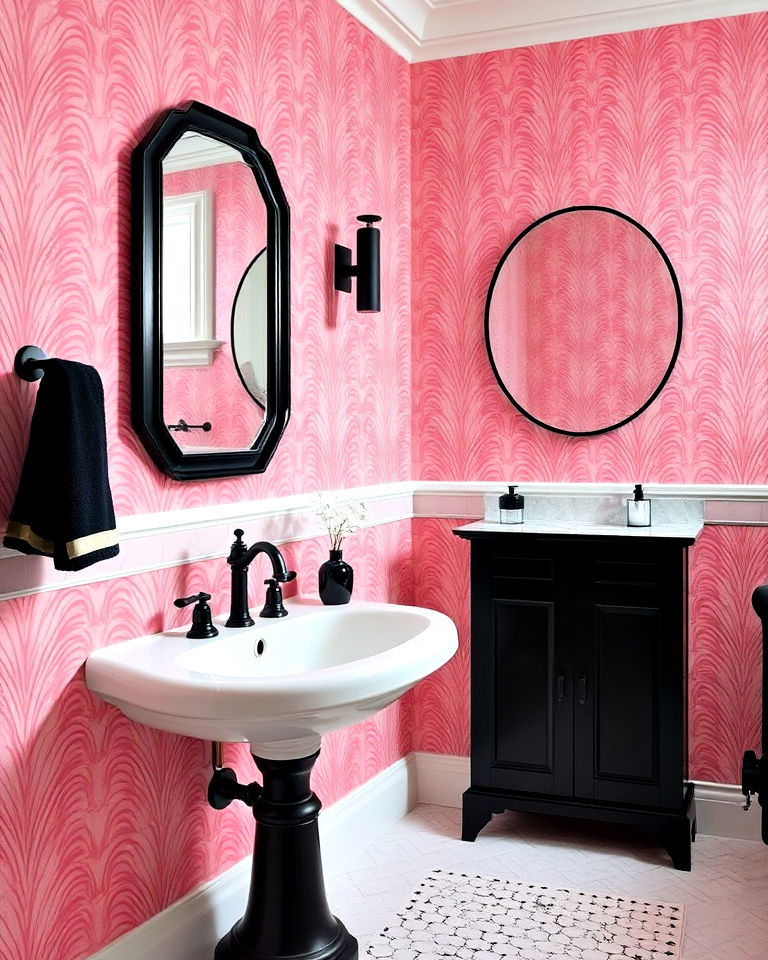 black fixtures and pink wallpaper - 25 Pink and Black Bathroom Ideas