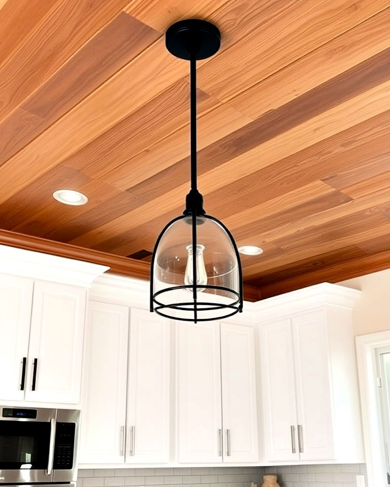 black fixtures and wooden ceiling panels - 20 Black and Brown Kitchen Ideas