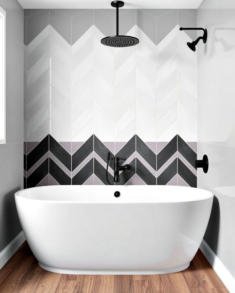 black fixtures for geometric bathroom tiles - 15 Bathroom With Black Fixtures
