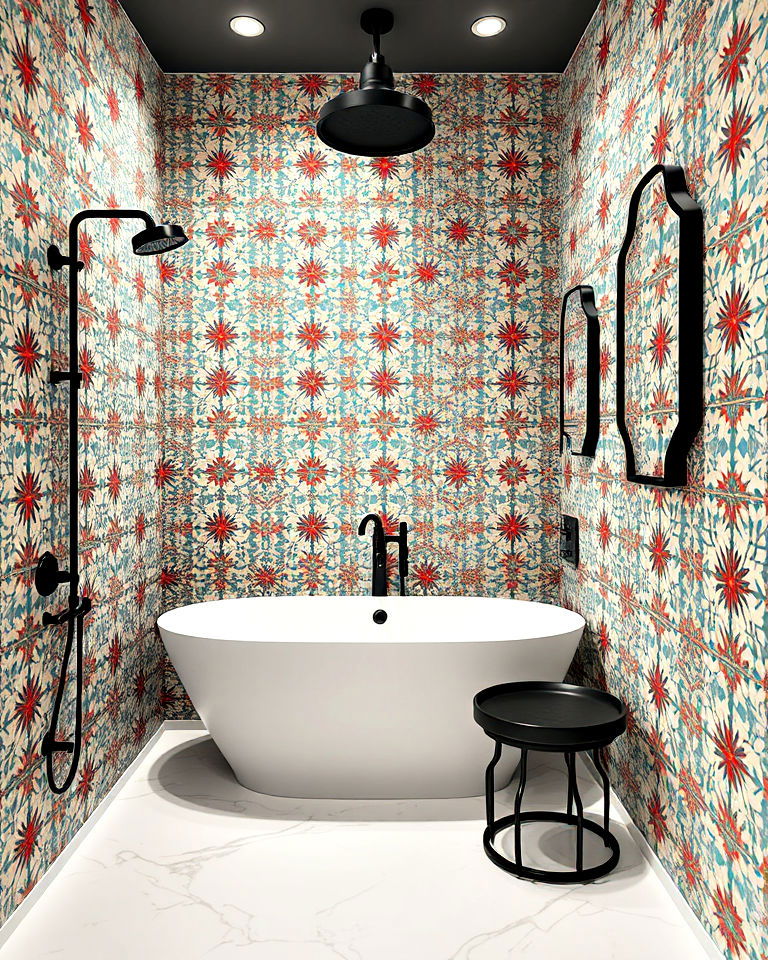 black fixtures to emphasize bold tile patterns - 15 Bathroom With Black Fixtures