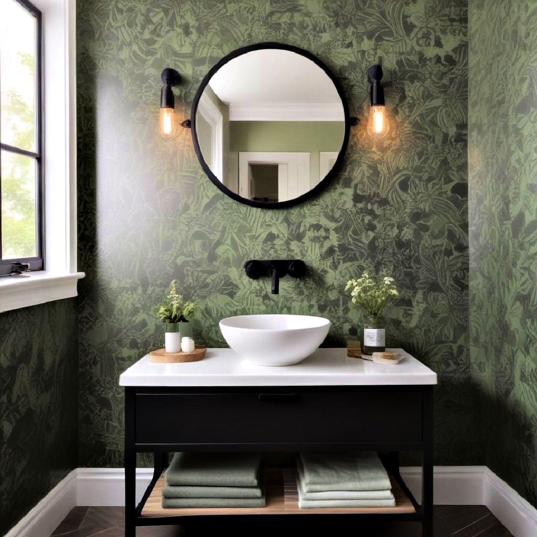 black fixtures with green patterned wallpaper - 15 Black and Green Bathroom Ideas