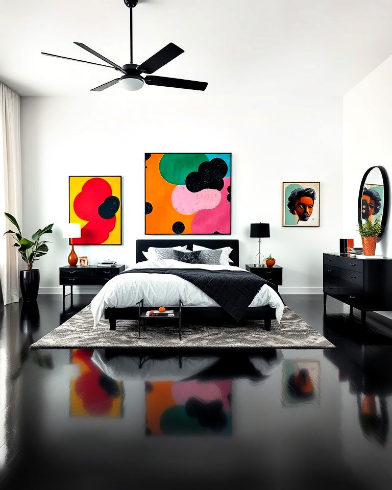 black floor bedroom with bold artwork - 20 Black Floor Bedroom Ideas